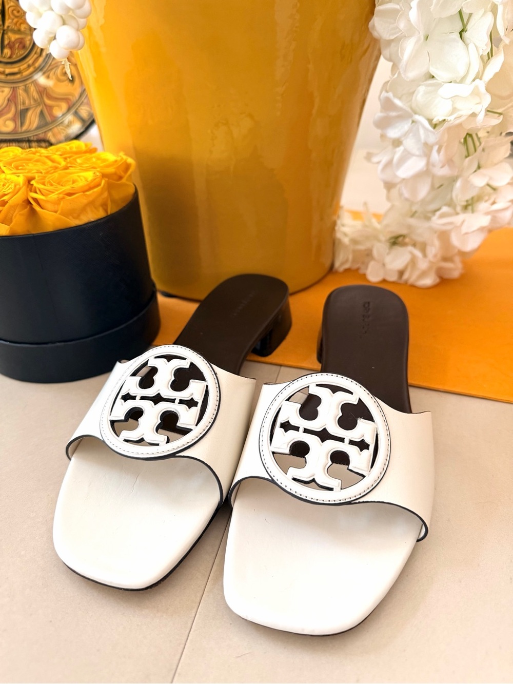 Tory Burch White Leather Logo Slide Sandals